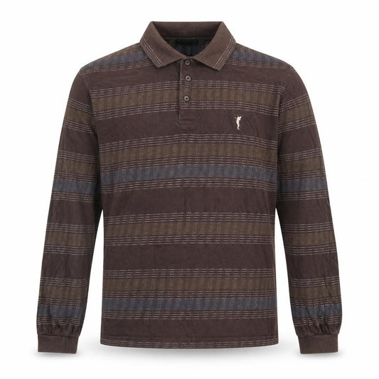 Front view of GOLFINO men’s brown geometric cotton polo, size 40, collared button