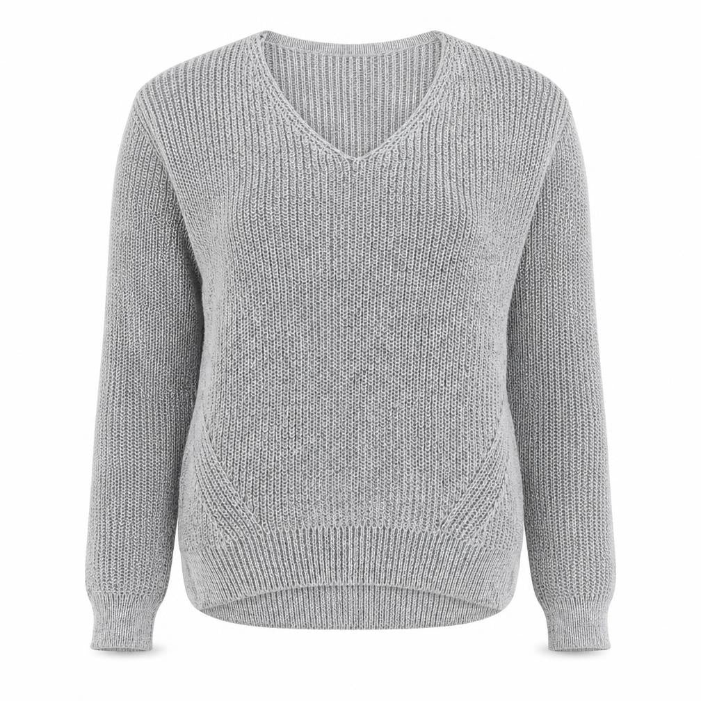 Front view of Primark women’s grey v-neck polyester jumper, size UK 6