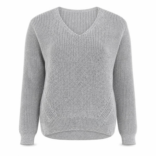 Front view of Primark women’s grey v-neck polyester jumper, size UK 6