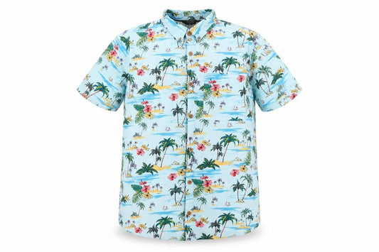 Front view of Primark girls’ blue floral cotton basic button-up, size 13-14, years collared button - tropical