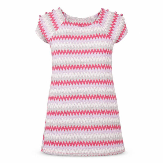 Front view of women’s pink chevron polyester shift, size M, round neck pullover