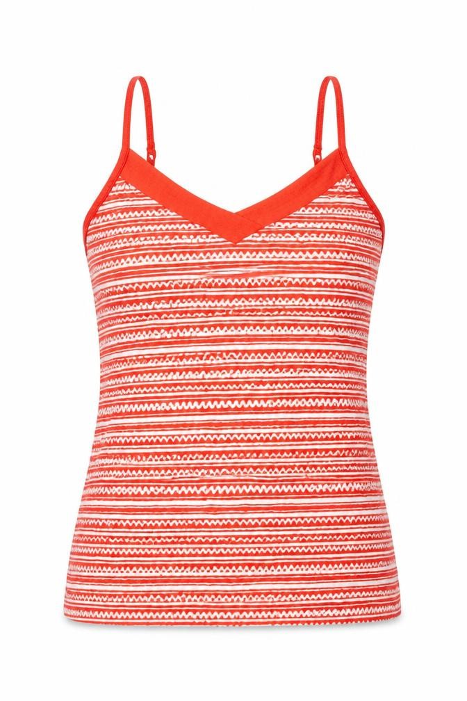 Front view of Dunnes women’s red striped viscose basic tank, size M, v-neck