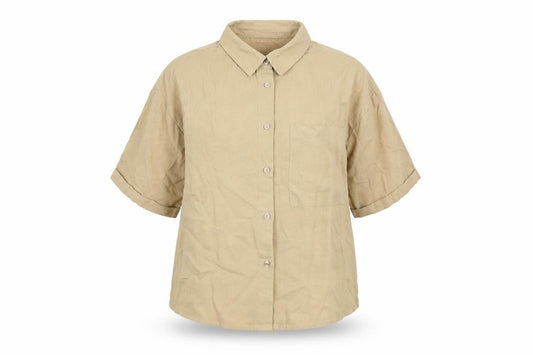 Front view of Primark women’s beige viscose basic button-up, size XS, collared