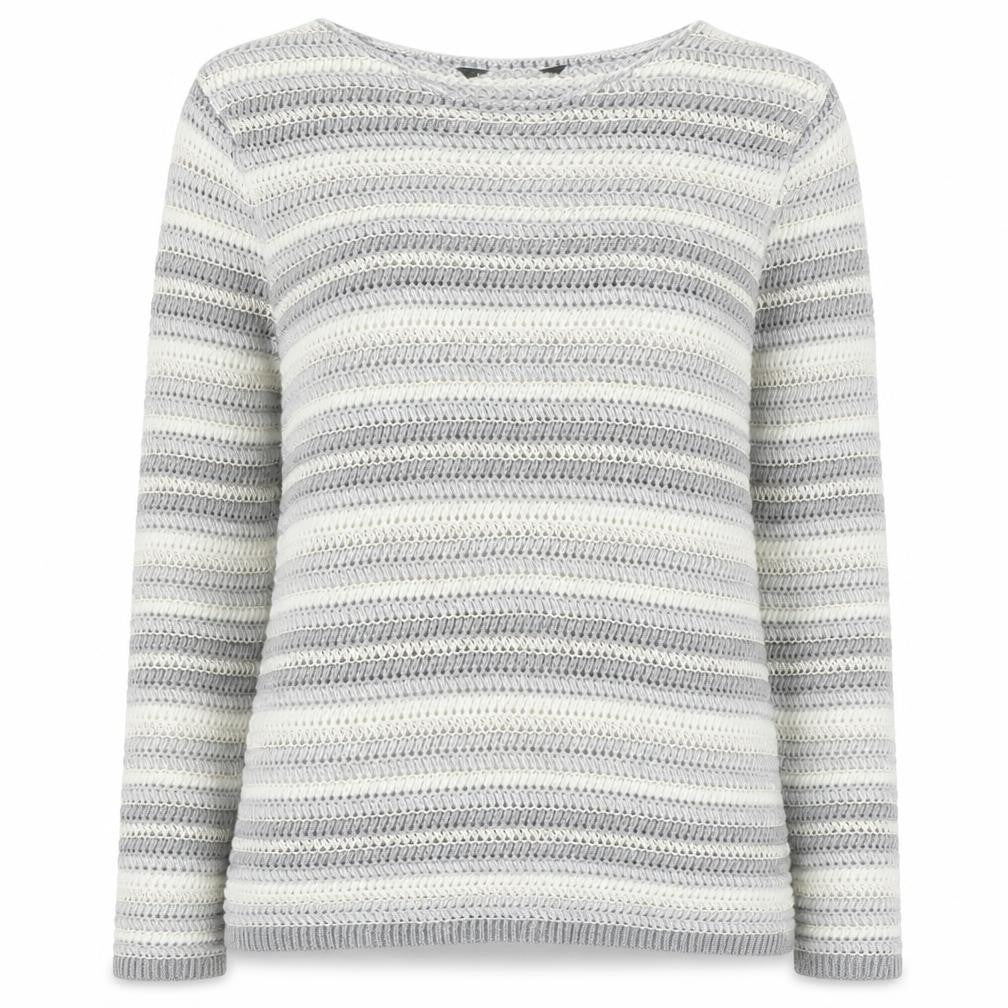 Front view of Preworn women’s grey round neck striped acrylic jumper, size UK 14