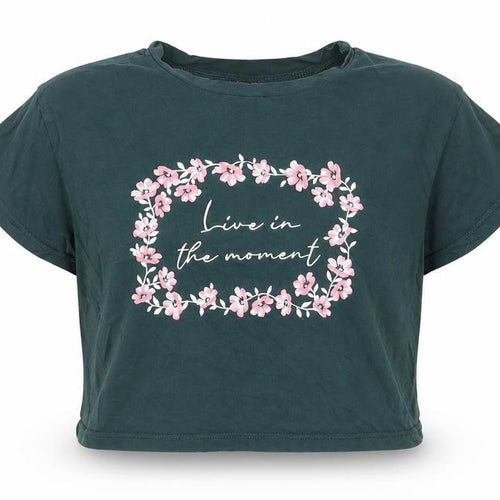 New Look Girls Green Cotton Cropped T-Shirt Size 10-11 Years Round Neck Pullover - Live In The Moment