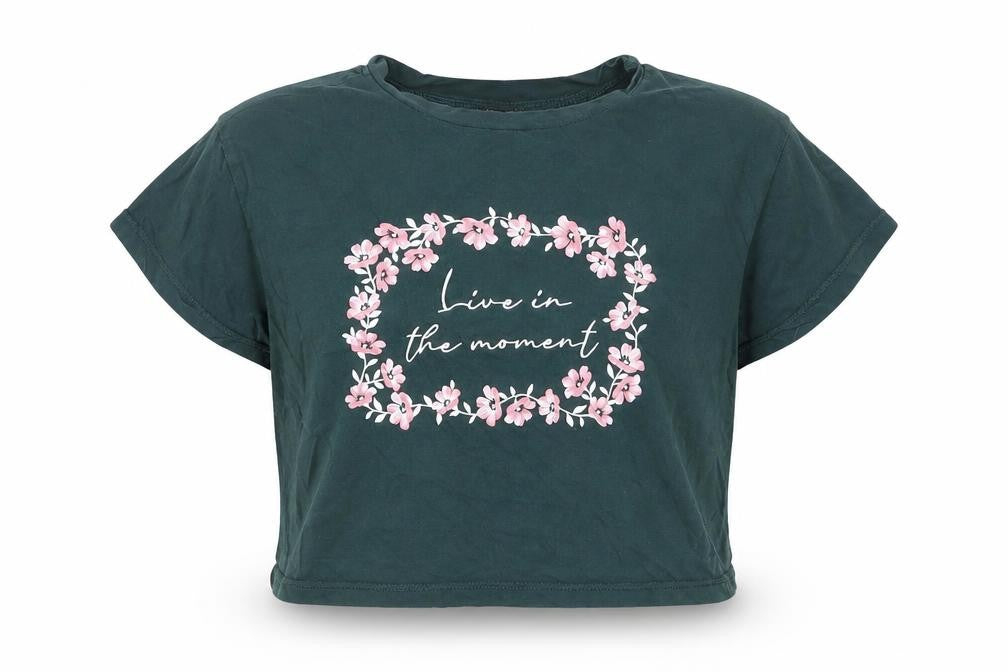 New Look Girls Green Cotton Cropped T-Shirt Size 10-11 Years Round Neck Pullover - Live In The Moment