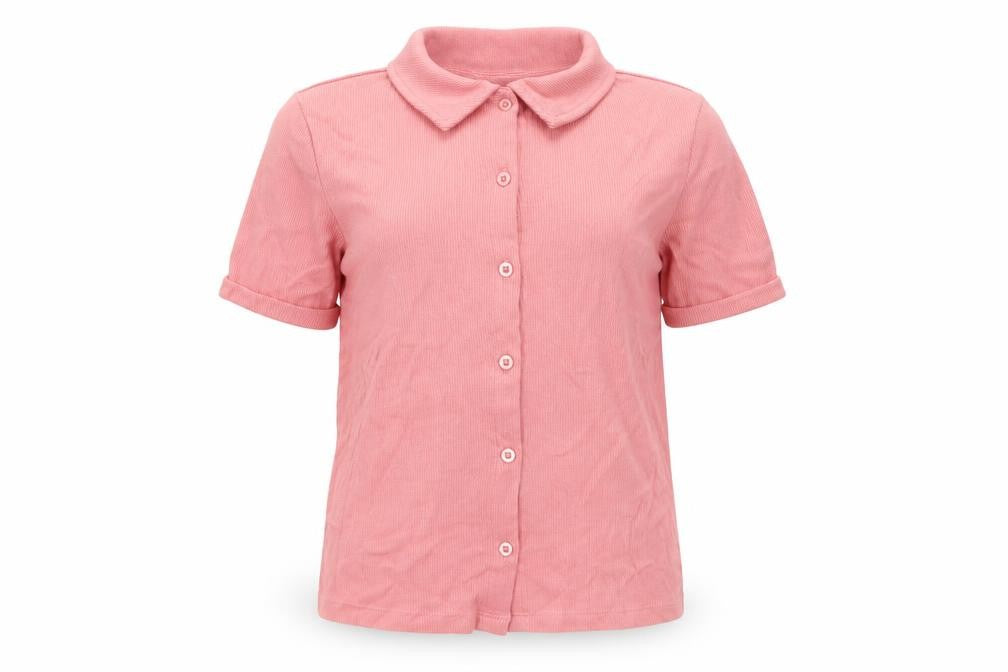 Front view of New Look girls’ pink cotton basic button-up, size 12-13, years collared button