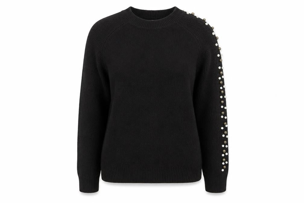 Front view of Papaya women’s black round neck acrylic jumper, size UK 8