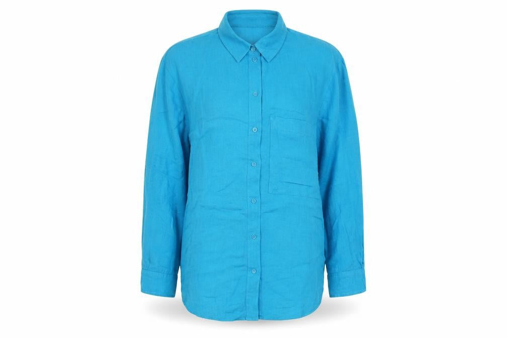 Front view of Primark women’s blue cotton basic button-up, size UK 8, collared