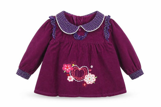 Front view of Baby C girls’ purple cotton a-line, size 12-18, months collared button - embroidered flowers