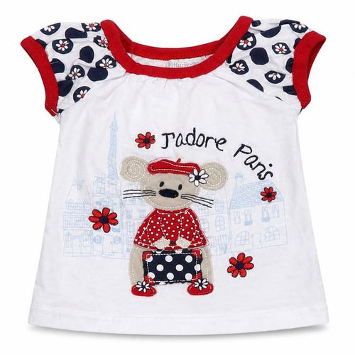 Pitter Patter Girls White Cotton Basic T-Shirt Size 12 Months Round Neck Pullover - J'adore Paris