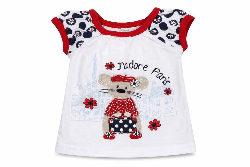 Pitter Patter Girls White Cotton Basic T-Shirt Size 12 Months Round Neck Pullover - J'adore Paris