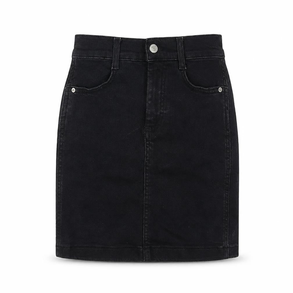 Front view of Denim & Co. women’s black cotton mini skirt, size UK 4, button
