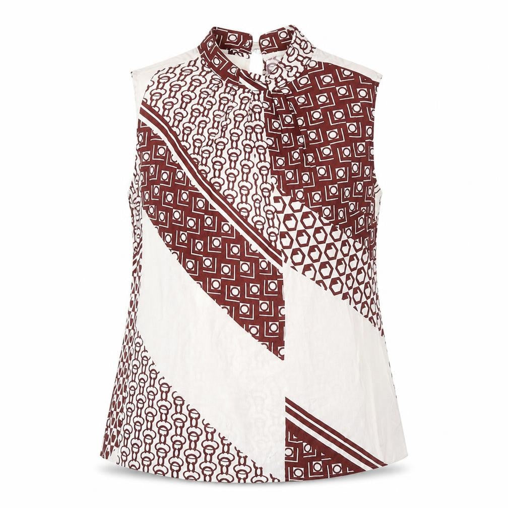 Front view of Next women’s white geometric viscose basic blouse, size UK 12, halter