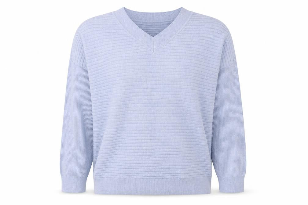 Front view of F&F women’s blue v-neck viscose jumper, size UK 6