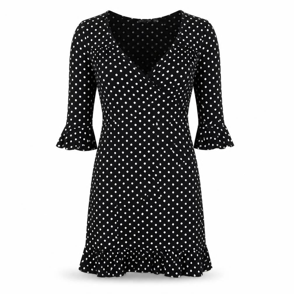 Front view of I SAW IT FIRST women’s black polka dot polyester a-line, size UK 10, v-neck pullover