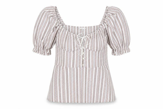 Front view of Topshop women’s multicoloured striped polyester basic blouse, size UK 10, square neck