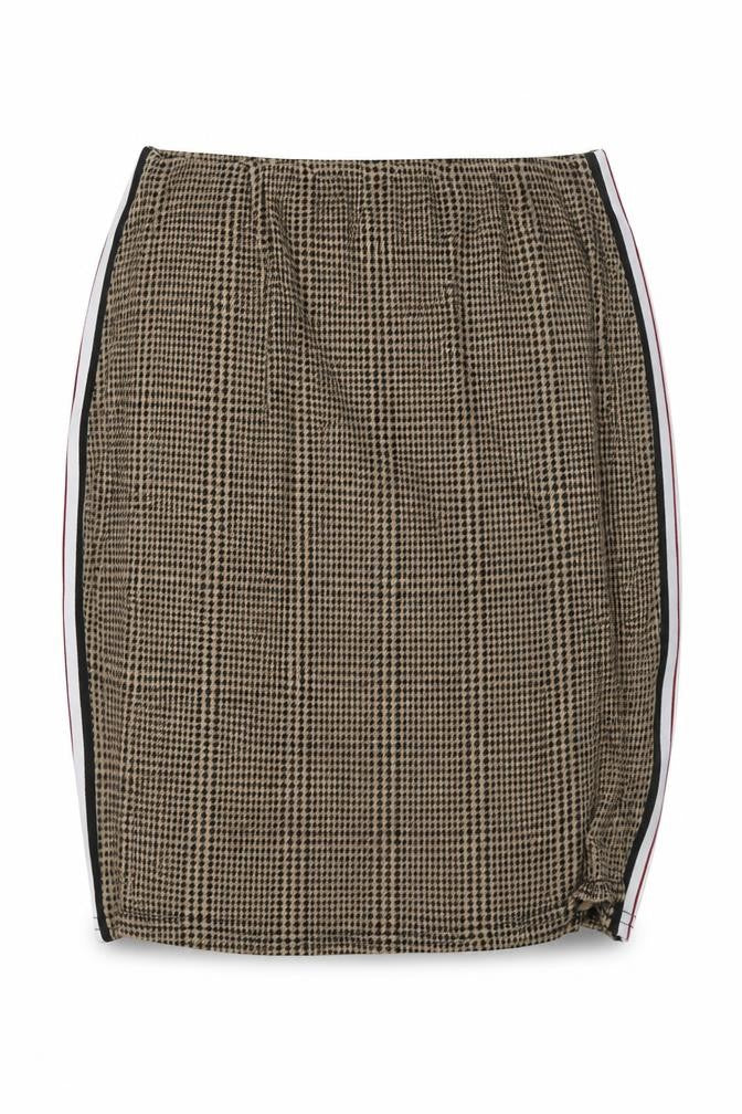 Front view of PRETTYLITTLETHING women’s gold geometric viscose mini skirt, size UK 6