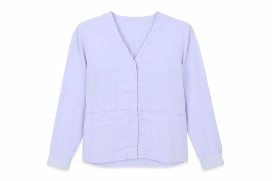 Front view of ASOS women’s blue polyester basic button-up, size UK 4, v-neck