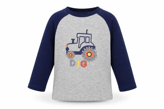 Front view of M&Co Baby Grey Colourblock Cotton Pullover T-Shirt, size 9-12, Months Crew Neck Pullover - Tractor