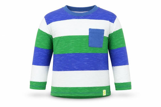 Front view of Leigh Baby Multicoloured Striped Cotton Pullover T-Shirt, size 18-24, Months Crew Neck Pullover