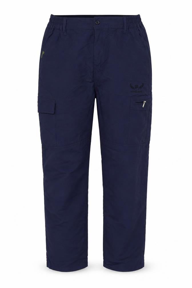 Front view of SINCE 1981 women’s blue polyester cargo trousers, size XL, 33-inch leg regular button