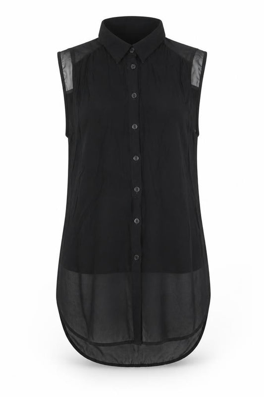 Front view of H&M women’s black polyester basic button-up, size UK 6, collared