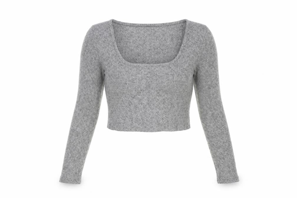 Front view of Dunnes women’s grey square neck polyester jumper, size S, - cropped