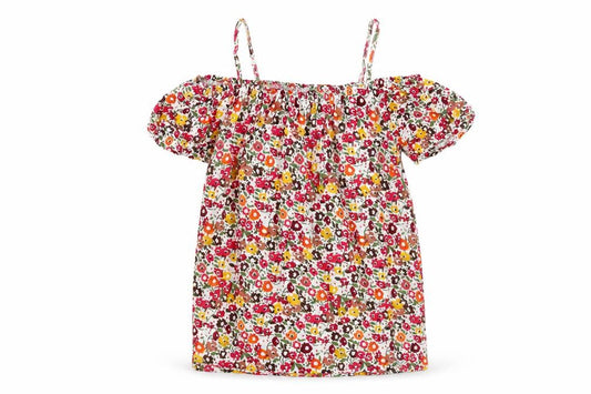 Front view of Matalan women’s multicoloured floral viscose basic blouse, size UK 8, off the shoulder