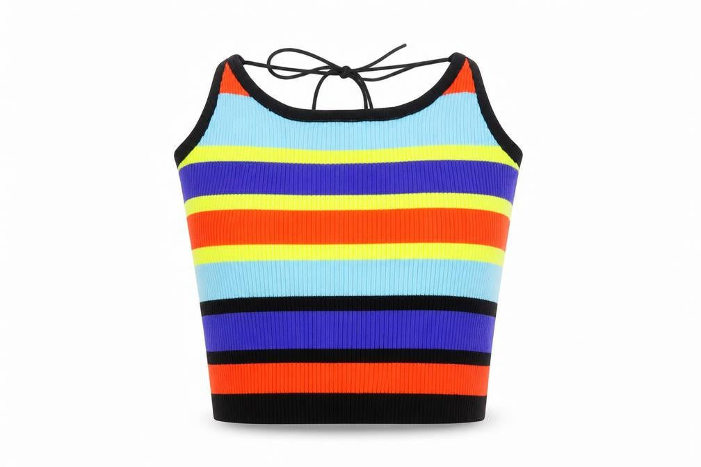 Front view of Zaful women’s multicoloured striped acrylic cropped tank, size S, halter