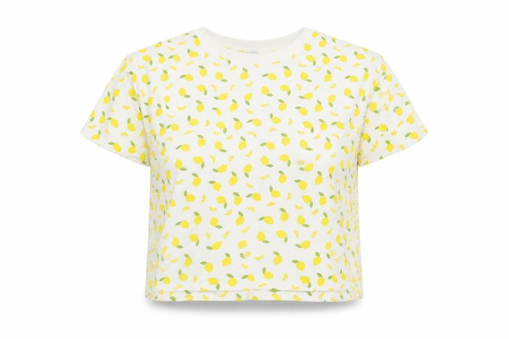 Monki Womens White Geometric Cotton Basic T-Shirt Size XS Crew Neck - Lemon Print