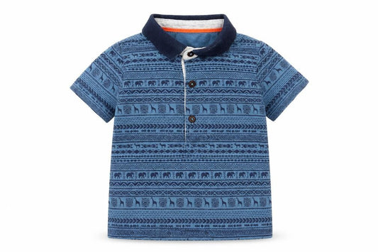 Front view of Matalan boys’ blue geometric cotton pullover polo, size 3-6, months collared button - animal print