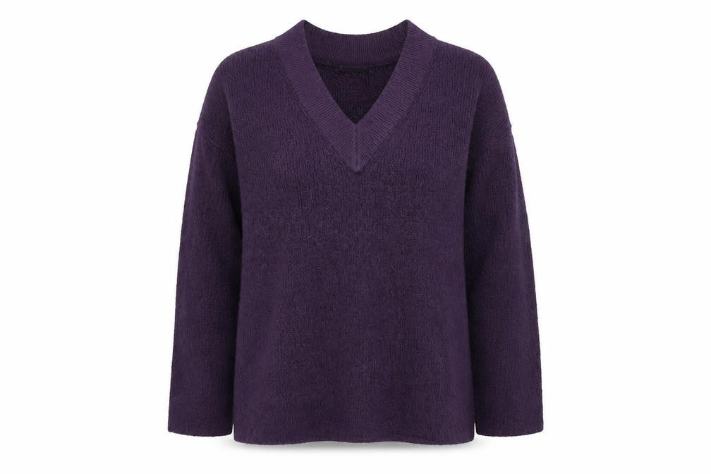Front view of Dunnes women’s purple v-neck acrylic jumper, size UK 8