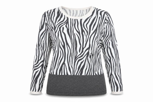 Front view of MARBLE women’s multicoloured round neck animal print viscose jumper, size UK 12