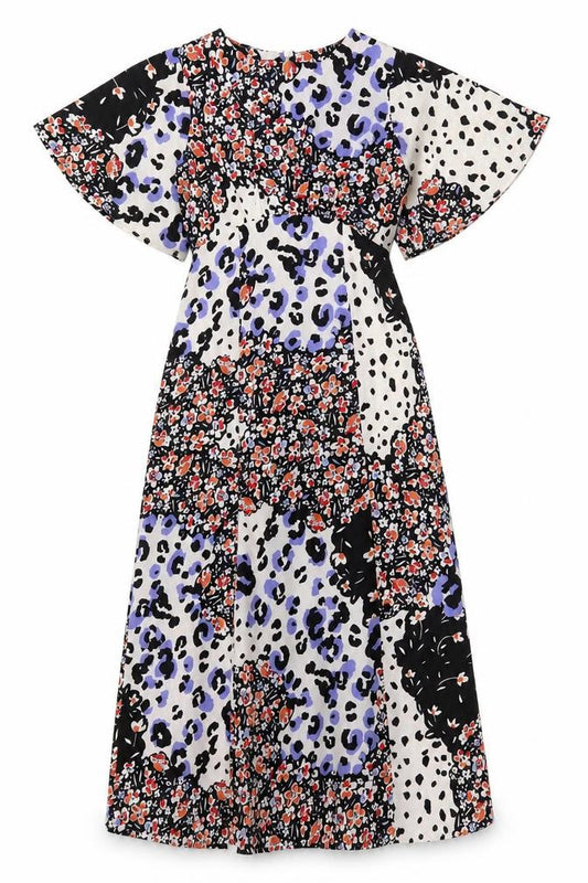 Front view of Influence women’s multicoloured animal print polyester a-line, size UK 6, round neck zip