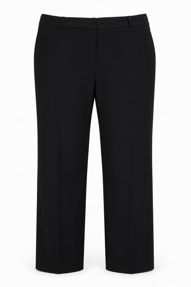 Front view of Dunnes women’s black polyester trousers, size UK 16, 30-inch leg regular hook & eye