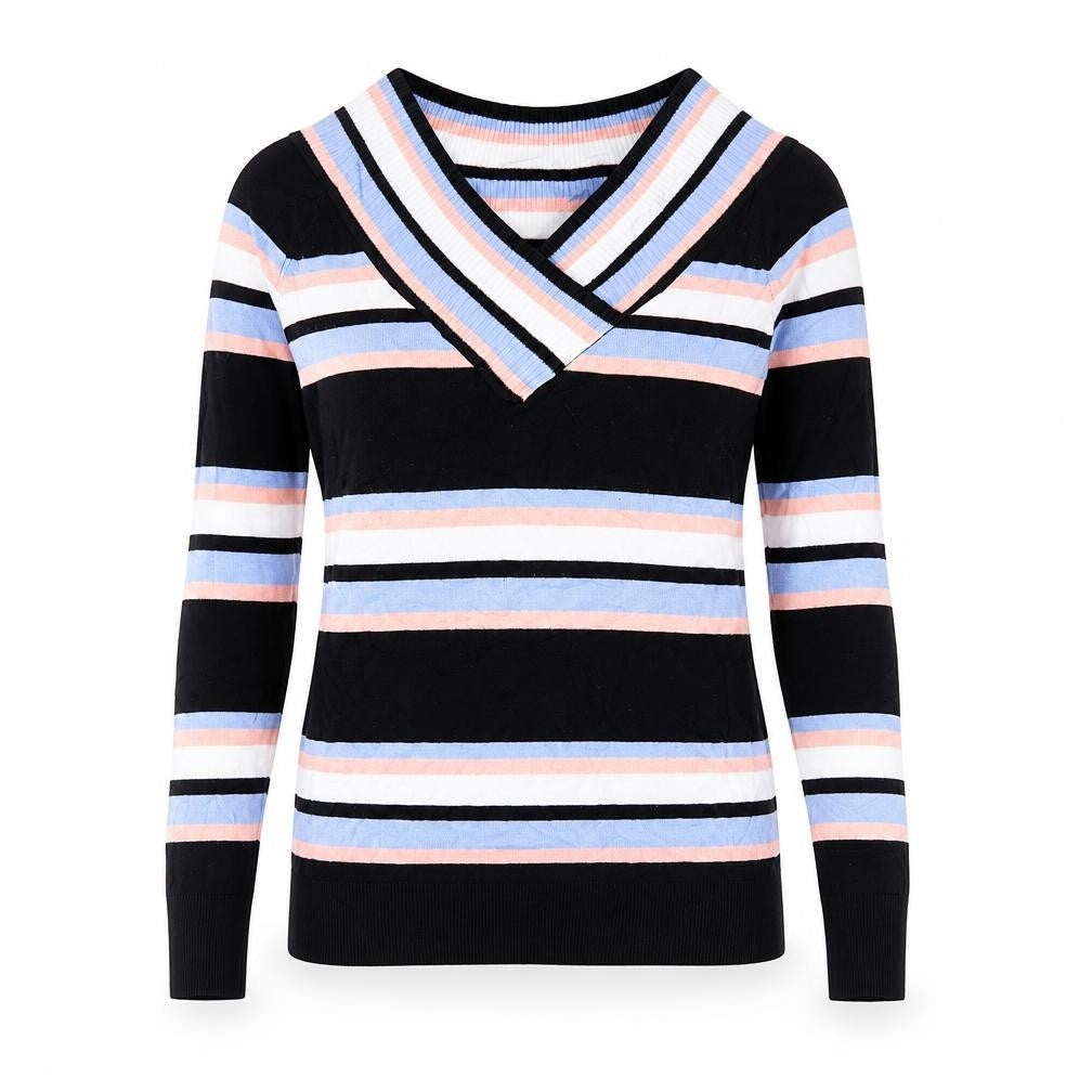 Front view of F&F women’s multicoloured v-neck striped viscose jumper, size UK 10
