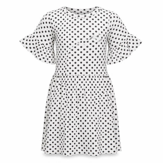 Front view of Boohoo women’s white polka dot viscose fit & flare, size UK 6, round neck pullover