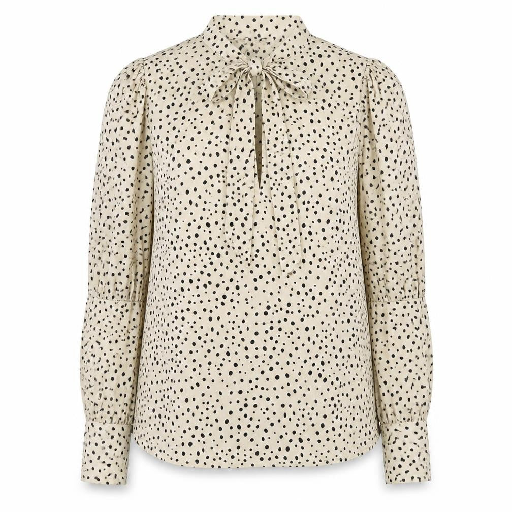 Boohoo Womens Beige Polka Dot Polyester Jersey Blouse Size 6 V-Neck - Pussy Bow