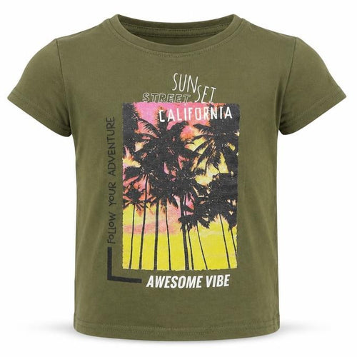 Dunnes Stores Boys Green 100% Cotton Basic T-Shirt Size 2 Years Round Neck Pullover - Slogan Palm Tress