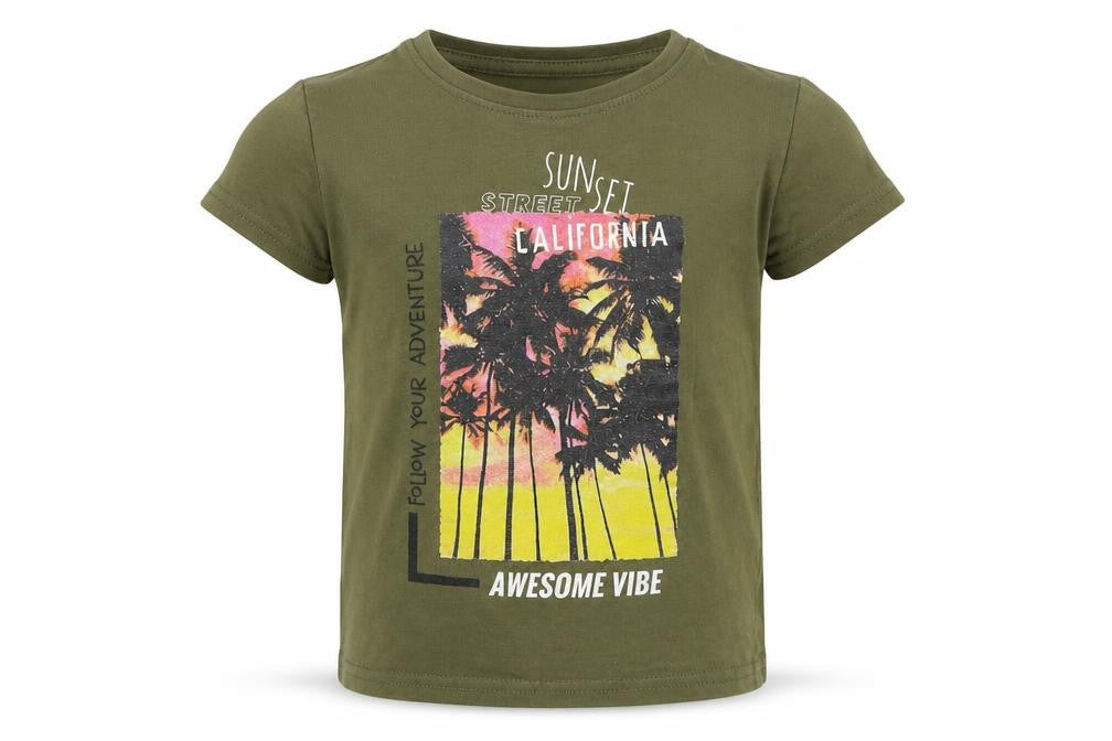 Dunnes Stores Boys Green 100% Cotton Basic T-Shirt Size 2 Years Round Neck Pullover - Slogan Palm Tress