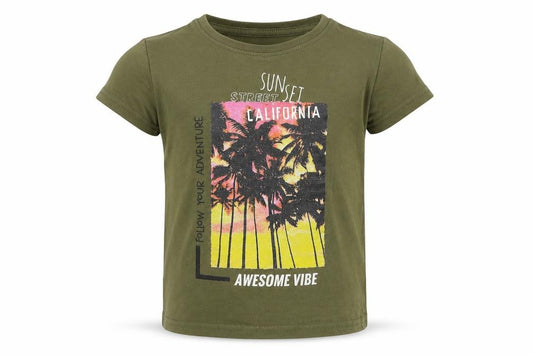 Front view of Dunnes boys’ green 100% cotton basic t-shirt, size 2, years round neck pullover - slogan palm tress