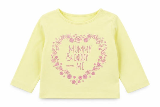 Front view of Dopo Dopo girls’ yellow 100% cotton basic t-shirt, size 6-9, months round neck snap - mummy and daddy = me