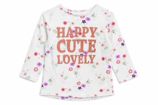 Front view of Dopo Dopo girls’ white floral cotton basic t-shirt, size 6-9, months round neck snap - happy cute lovely