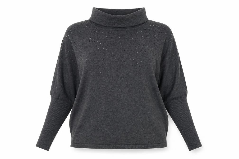 Front view of MARBLE women’s grey roll neck cotton jumper, size UK 14