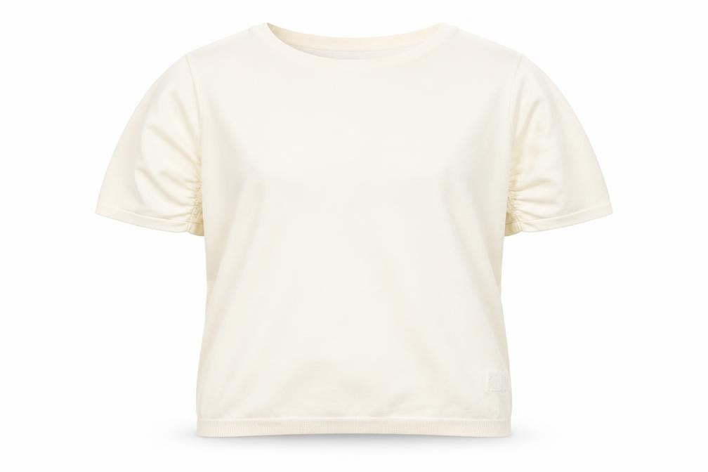 Front view of Next women’s white viscose basic t-shirt, size UK 8, round neck - ruched sleeve