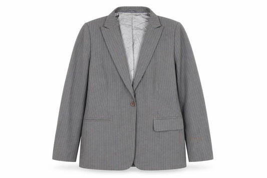 Front view of Autonomy women’s grey striped jacket blazer, size UK 16, button