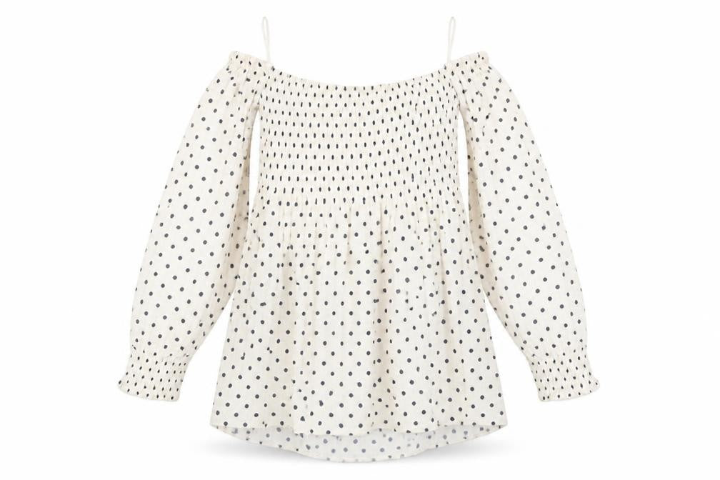Front view of Zara women’s beige polka dot viscose basic blouse, size S, off the shoulder