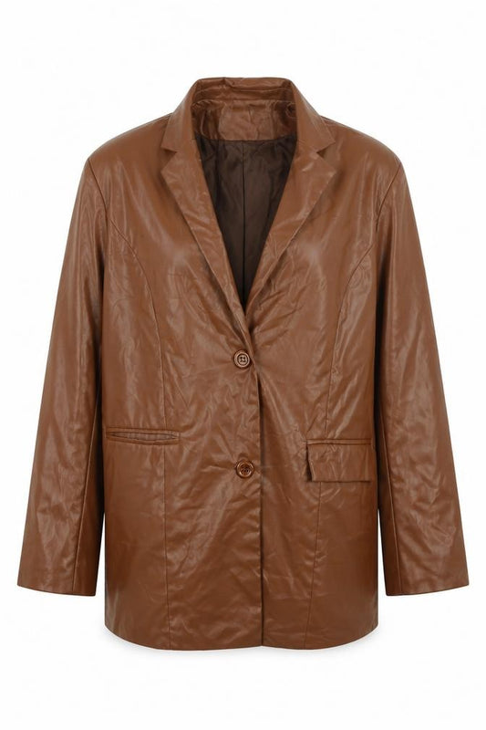 Front view of PRETTYLITTLETHING women’s brown jacket, size S, button