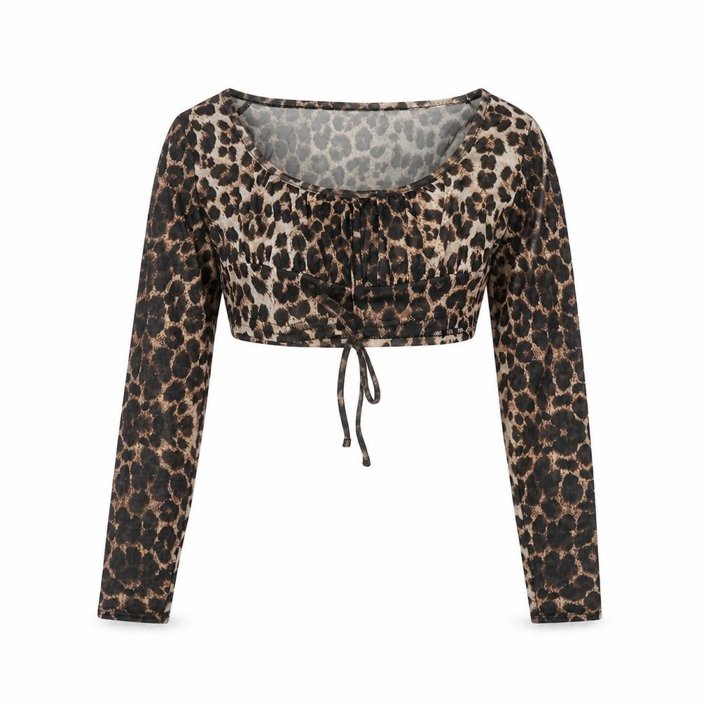 Front view of PRETTYLITTLETHING women’s brown animal print polyester cropped blouse, size UK 8, round neck